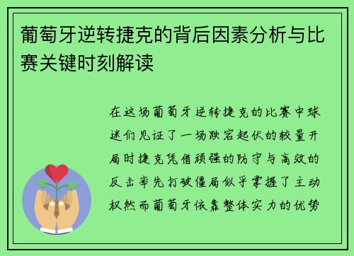 葡萄牙逆转捷克的背后因素分析与比赛关键时刻解读